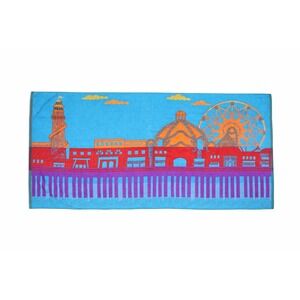 Vintage 80s Royal Terry Ocean Beach Towel Colorful Pier Theme Park Skyline 59x30